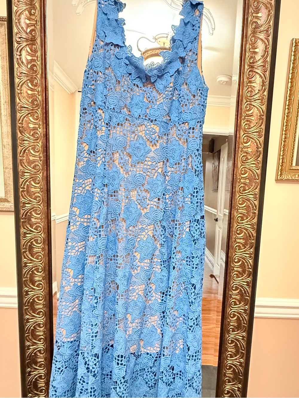 Dalia Bright Blue Crochet Floral Trim Dress